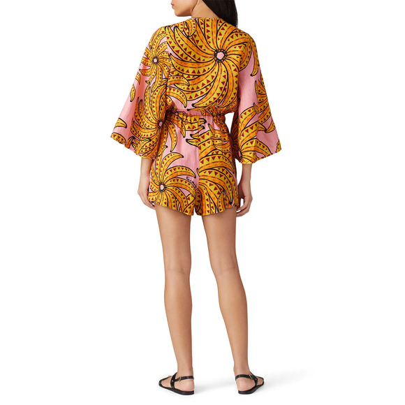 NWT Farm Rio Banana Floral Linen 3/4 Sleeve Romper Pink/Yellow Women's Size S - Picture 2 of 7